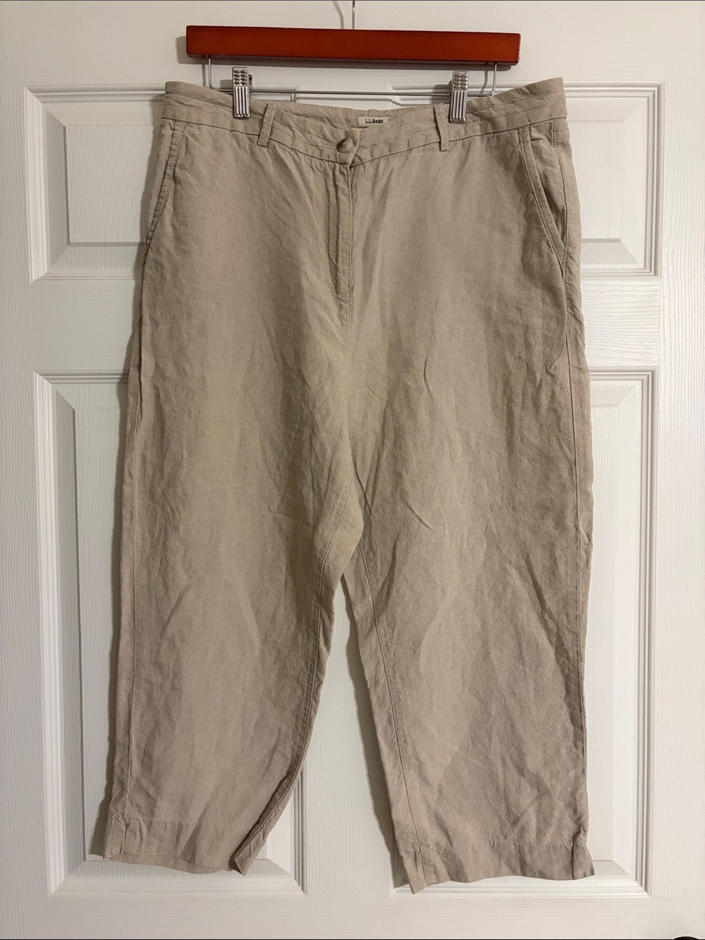 LL BEAN Classic Fit 100% Linen Cropped Wide Leg Pants / Capris Oatmeal Beige 14R
